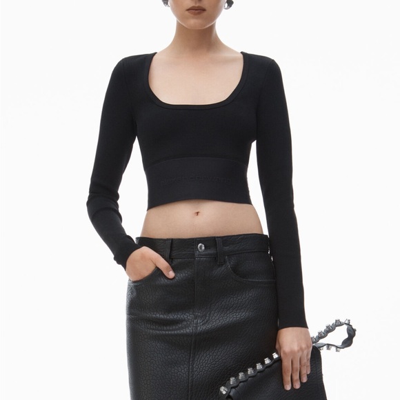 Alexander Wang Black Long Sleeve Crop Top with Logo Elastic - Picture 1 of 5